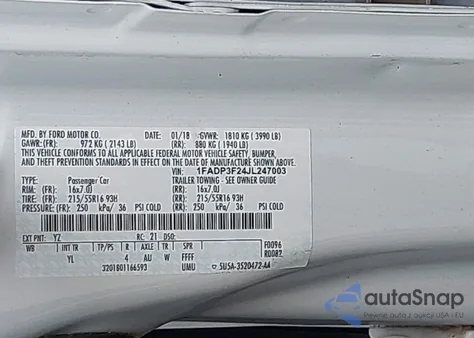2018 Ford Focus Se z USA, uszkodzony, nr VIN 1FADP3F24JL247003